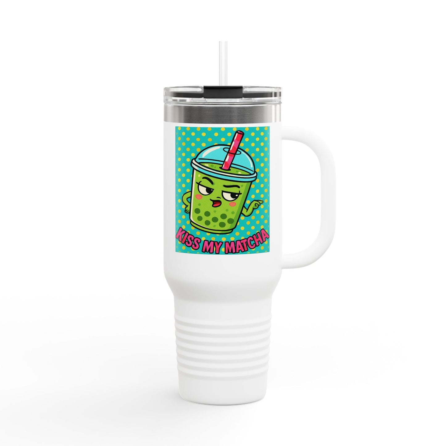 White tumbler with a colorful character design and text on a white background