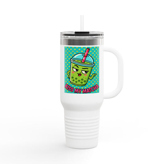 White tumbler with a colorful character design and text on a white background