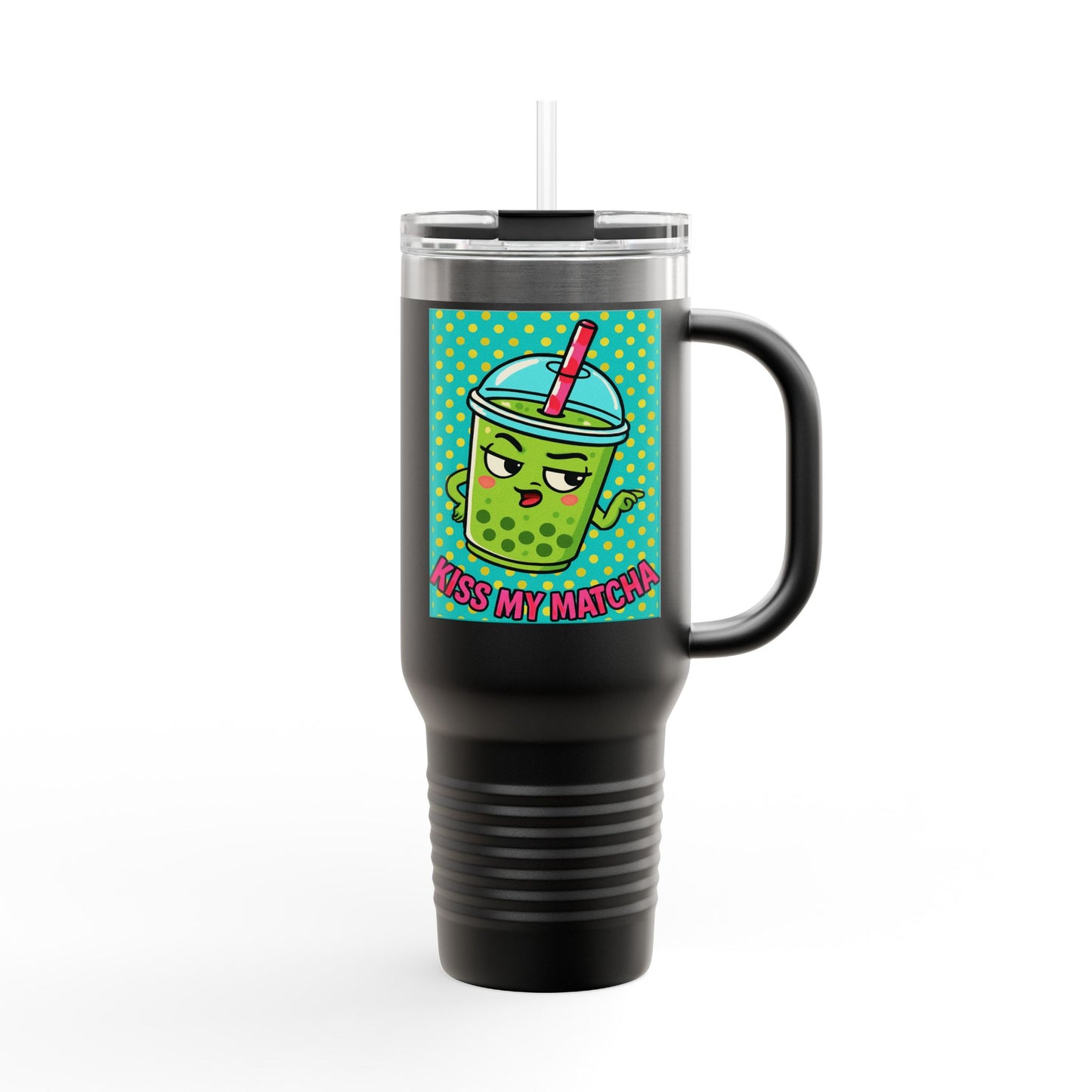 Black travel mug with a cartoon character and text on a white background
