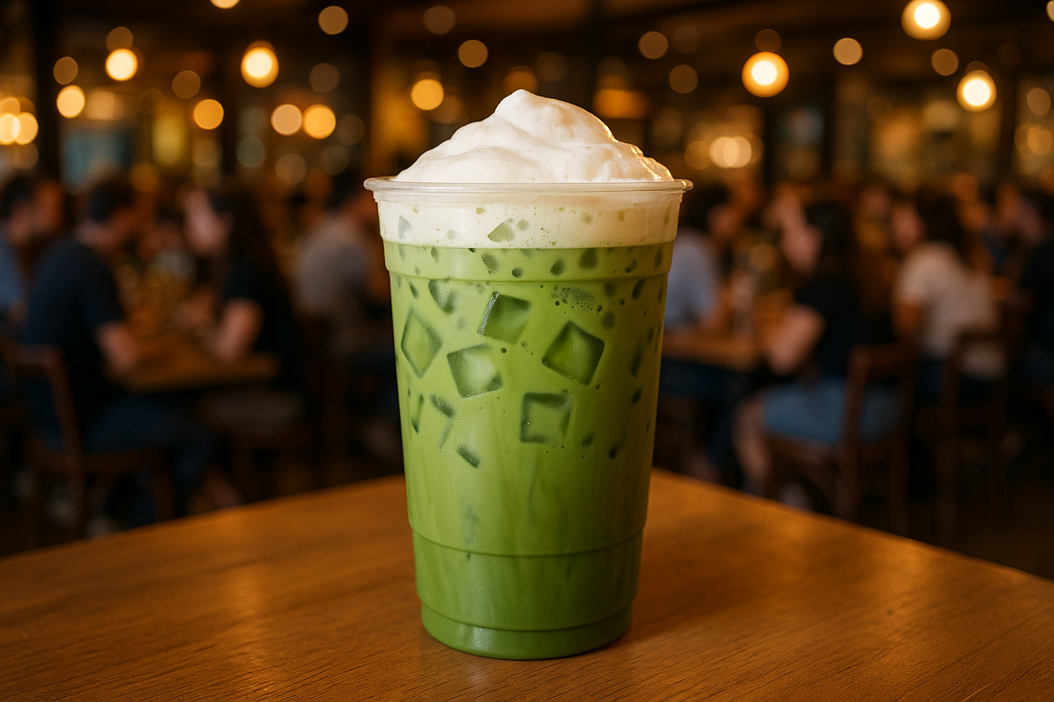 a large takeout cup of iced matcha in a social restaraun